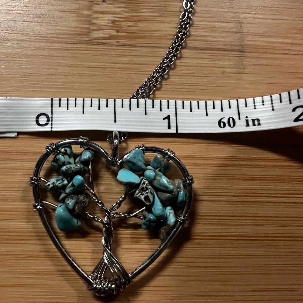Turquoise Chip Heart Tree of Life Necklace - Silver-Tone